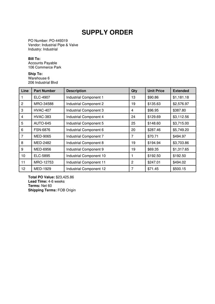 Industrial purchase order PDF — Industrial Pipe and Valve, PO-449319, with line items
