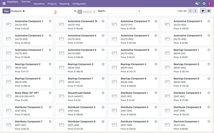 Odoo Inventory Products list view showing 85 products across multiple verticals