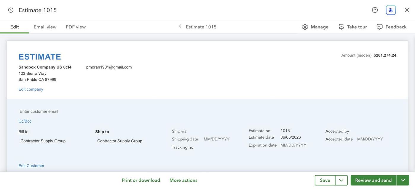 QuickBooks Online Estimate 1015 for Contractor Supply Group totaling $201,274.24 created by SideQuest