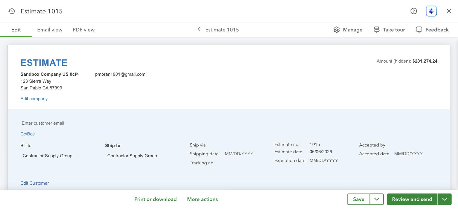 QuickBooks Estimate 1015 detail page showing Contractor Supply Group and $201,274.24