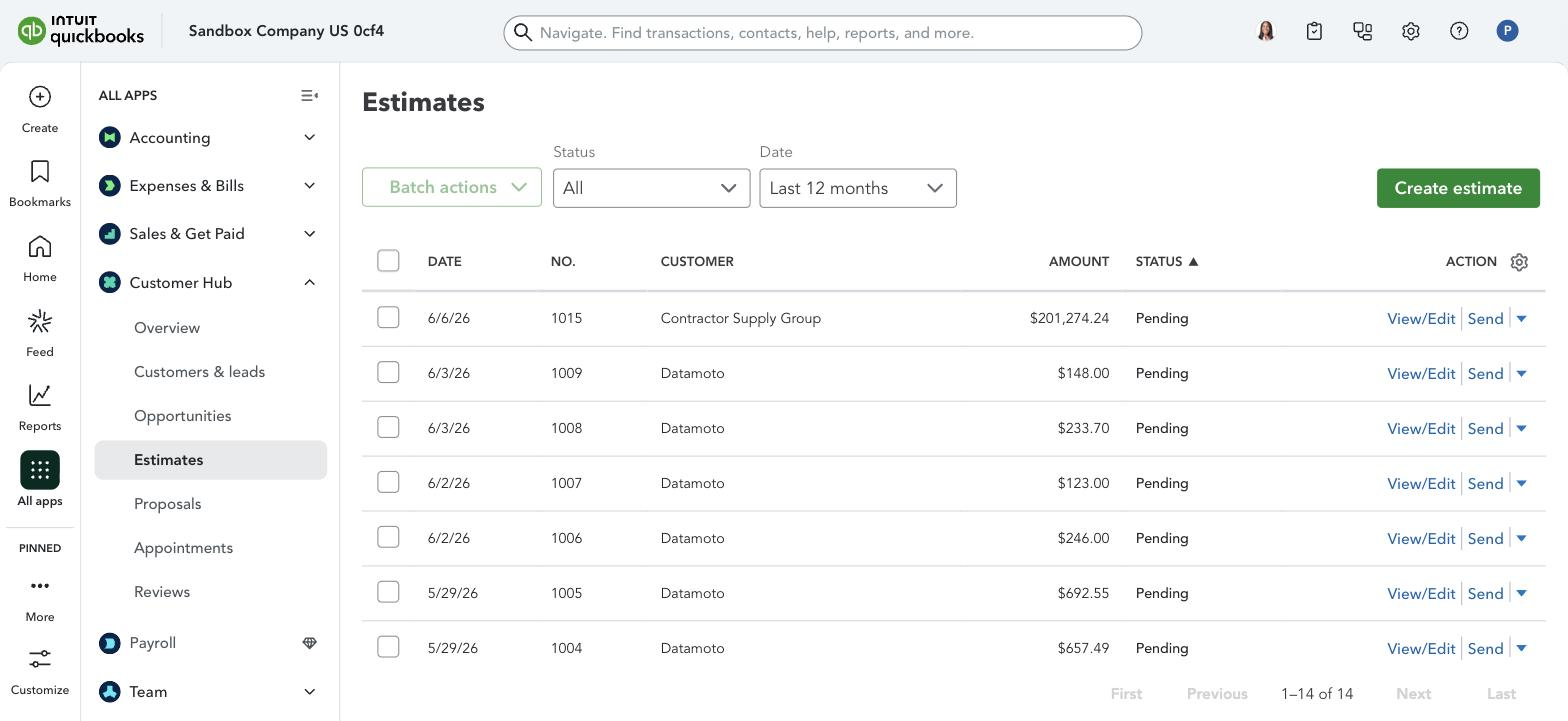 QuickBooks Estimates list showing Estimate 1015 Contractor Supply Group $201,274.24 at the top